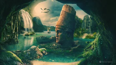 Fantasy Lagoon Giant Ancient Stone Fantasy Wallpaper 4K 2558x1438 Full HD, Ultrawide