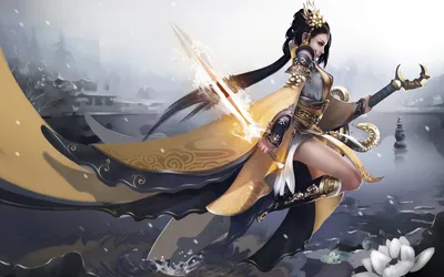 Sleek Fantasy Wallpaper Fantasy Wallpaper 4K 1960x1225 A, Striking, Fantasy, Scene, Featuring, Woman, Warrior, Wielding, Sword, Adorned, Elaborate, Attire, White, Ultrawide, Full HD