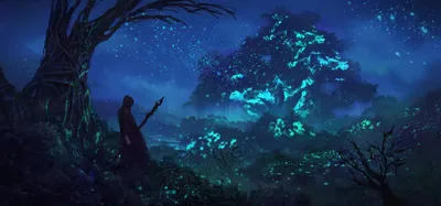 Silhouette Holding Staff Stands Space Wallpaper 4K 2900x1358 A, Silhouette, Holding, Staff, Stands, In, Mystical, Forest, Night, Surrounded, Glowing, Trees, Brown, Ultrawide, QHD