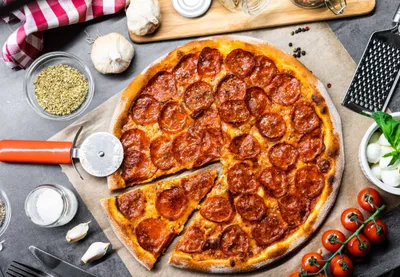 Salami Pizza Flatlay Abstract Wallpaper 4K 2208x1530 Full HD, Landscape