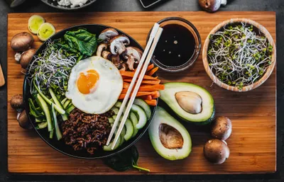 Korean Bibimbap Flatlay Fry Abstract Wallpaper 4K 2208x1422 Full HD, Ultrawide