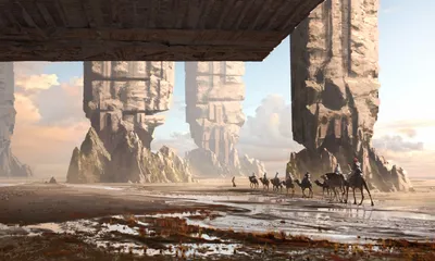 Fantasy Desert Landscape Towering Fantasy Wallpaper 4K 1920x1152 Hd, Desktop, Wallpaper, Featuring, A, Fantasy, Desert, Landscape, Towering, Rock, Formations, Caravan, White, Gray, Ultrawide, Full HD