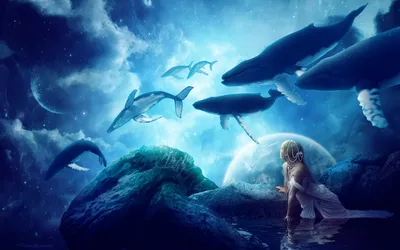 Radiant Serene Wallpaper Space Wallpaper 4K 1920x1200 A, Serene, Fantasy, Scene, Featuring, Figure, By, Water, Surrounded, Majestic, Whales, Under, White, Ultrawide, Full HD