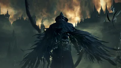Bloodborne Dark Fantasy Cloaked Games Wallpaper 4K 2560x1440 Bloodborne, Dark, Fantasy, Scene, Cloaked, Hunter, With, Tattered, Wings, Faces, Burning, Brown, Gray, Ultrawide, QHD