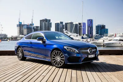 Blue Benz Class Coupe Wooden World Wallpaper 4K 4096x2731 A, Blue, Mercedes-benz, C-class, Coupe, Parked, On, Wooden, Dock, City, Skyscrapers, Yachts, White, Landscape, 4K