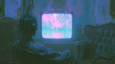 Retro Futuristic Room Silhouetted Abstract Wallpaper 4K 2944x1648 Retro-futuristic, Room, Silhouetted, Figure, In, An, Armchair, Watching, Glitchy, Neon, Cyan, Brown, Ultrawide, QHD