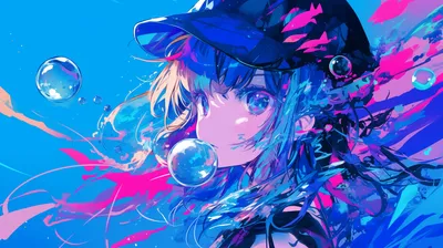 Anime Girl Blue Hair Abstract Wallpaper 4K 2912x1632 Anime, Girl, With, Blue, Hair, And, Cap, On, Vibrant, Pink, Yellow, White, Ultrawide, QHD