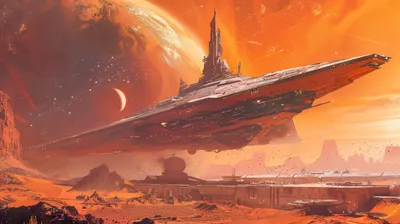 Dreamy Sci Wallpaper Space Wallpaper 4K 5824x3264 Sci-fi, Themed, Hd, Desktop, Wallpaper, Featuring, A, Spaceship, Flying, Over, Distant, Planetscape, Brown, Orange, Ultrawide, 4K