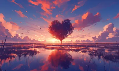 Painted Romantic Scenery Nature Wallpaper 4K 2208x1314 Heart-shaped, Tree, Full HD, Ultrawide