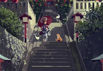 Dreamy Anime Wallpaper Animals Wallpaper 4K 1920x1333 Anime-style, Image, Of, A, Person, In, Kimono, Umbrella, Accompanied, Fox, Orange, Eyes, Brown, Landscape, Full HD