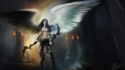 Powerful Angel Warrior Large Wings Fantasy Wallpaper 4K 7900x4444 A, Powerful, Angel, Warrior, With, Large, Wings, Stands, Dark, Mystical, Cave, Illuminated, Gray, Ultrawide, 4K