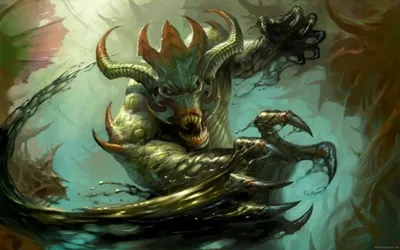 Dark Horned Demon Lunging Murky Fantasy Wallpaper 4K 1920x1200 Dark, Horned, Sea-demon, Lunging, From, Murky, Waters, Claws, Scales, Glinting, Desktop, Dramatic, Gray, Brown, Ultrawide, Full HD
