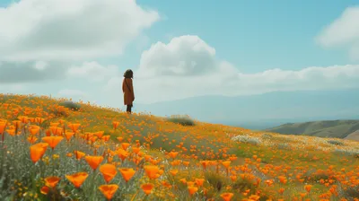 Dark Person Wallpaper Nature Wallpaper 4K 2912x1632 Person, Overlooking, A, Vibrant, Field, Of, California, Poppies, Under, Blue, Sky, Desktop, White, Ultrawide, QHD