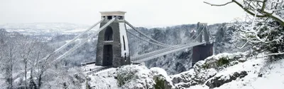 Snow Dusted Clifton Suspension Bridge World Wallpaper 4K 3840x1200 Snow-dusted, Clifton, Suspension, Bridge, Spanning, The, Frosted, Avon, Gorge, Near, Bristol, Desktop, White, Ultrawide, 4K