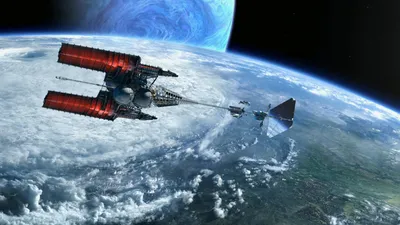 Depicting Futuristic Spaceship Orbiting Earth Space Wallpaper 4K 1920x1080 A, Striking, Hd, Wallpaper, Depicting, Futuristic, Spaceship, Orbiting, Earth, Vibrant, Blue, Planet, Gray, White, Ultrawide, Full HD