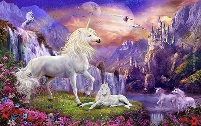 Fantasy Unicorns Cascading Waterfall Fantasy Wallpaper 4K 1920x1200 Hd, Desktop, Wallpaper, Of, A, Fantasy, Scene, Featuring, Unicorns, Cascading, Waterfall, Towering, White, Gray, Ultrawide, Full HD