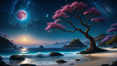 Serene Seashore Night Space Wallpaper 4K 3838x2158 Ultrawide, QHD