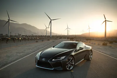 Vivid Black Wallpaper Nature Wallpaper 4K 1920x1280 Black, Lexus, Lc, 500, On, A, Desert, Road, Sunrise, Flanked, Wind, Turbines, White, Landscape, Full HD