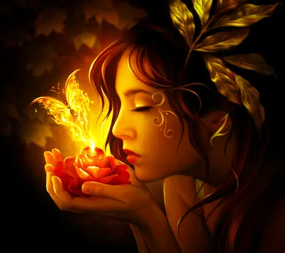 Fantasy Themed Depicting Woman Gently Fantasy Wallpaper 4K 1600x1418 A, Fantasy-themed, Hd, Wallpaper, Depicting, Woman, Gently, Holding, Glowing, Rose, Golden, Butterfly, Brown, Square