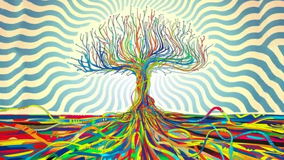 Vivid Colorful Wallpaper Abstract Wallpaper 4K 1920x1080 Colorful, Artistic, Tree, With, Vibrant, Roots, Against, A, Wavy, Hypnotic, Creates, Striking, White, Ultrawide, Full HD