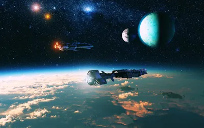 Futuristic Sci Spaceship Hovering Planet Wallpaper 4K, Space category