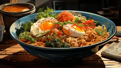 Vibrant Bowl Ramen Topped Soft Abstract Wallpaper 4K 5822x3262 Soft-boiled, Ultrawide, 4k