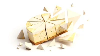 Minimalist Cheesecake Sliced Wedge Minimal Wallpaper 4K 4608x2592 Minimalist, Cheesecake, With, A, Sliced, Wedge, And, Scattered, Geometric, Shards, White, Field, Ultrawide, 4k