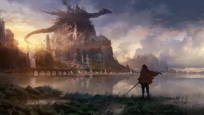 Vivid Fantasy Wallpaper Fantasy Wallpaper 4K 3840x2160 A, Fantasy, Hd, Wallpaper, Featuring, Knight, Standing, Serene, Lake, Gazing, Grand, Castle, Gray, Ultrawide, 4K