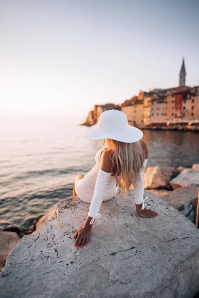 Woman Sitting Rock Nature Wallpaper 4K 2208x3313 Full HD, Portrait