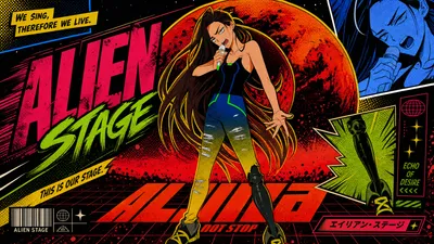 Comic Alien Stage Space Wallpaper 4K 3838x2158 Comic-style, Long-haired, Neon, Ultrawide, QHD
