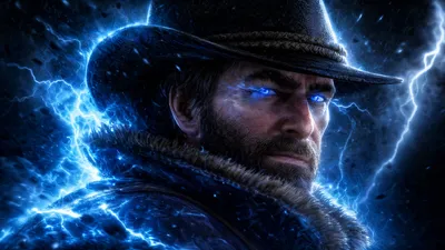 Arthur Morgan Close Glowing Abstract Wallpaper 4K 3838x2158 Close-up, Blue, Ultrawide, QHD