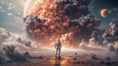 Astronaut Stands Rocky Surface Alien Space Wallpaper 4K 2560x1440 An, Astronaut, Stands, On, The, Rocky, Surface, Of, Alien, Planet, Moons, Distant, White, Gray, Brown, Ultrawide, QHD