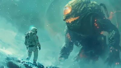 Epic Astronaut Wallpaper Abstract Wallpaper 4K 5824x3264 Hd, Desktop, Wallpaper, Featuring, A, Scene, Of, An, Astronaut, Encountering, Giant, Alien, Gray, Ultrawide, 4K