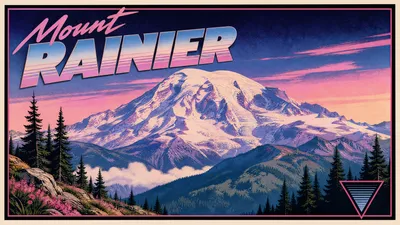 Retro Mount Rainier Sunset Nature Wallpaper 4K 3838x2158 Retro-style, Snow-capped, Ultrawide, QHD