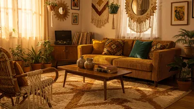 Boho Interior Living Room Mustard Abstract Wallpaper 4K 4606x2590 Room, Ultrawide, 4k