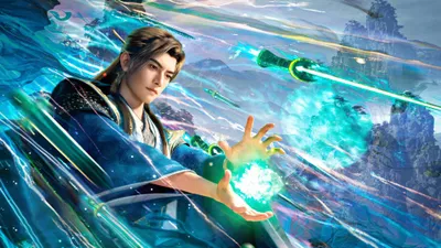 Robed Sorcerer Summons Glowing Teal Nature Wallpaper 4K 3838x2158 Ultrawide, QHD