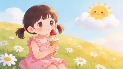 Cute Summer Illustration Little Girl Abstract Wallpaper 4K 4096x2304 Cute, Summer, Illustration, Little, Girl, In, A, Pink, Dress, Eating, Strawberry, White, Ultrawide, 4K