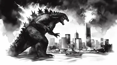 Moody Dramatic Wallpaper World Wallpaper 4K 2912x1632 A, Dramatic, Black, And, White, Hd, Wallpaper, Featuring, Godzilla, Towering, Over, City, Ultrawide, QHD