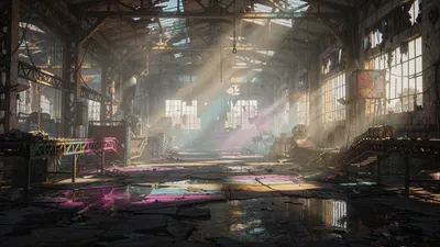 Sunlit Dust Filled Abandoned Factory Abstract Wallpaper 4K 4606x2590 Dust-filled, Ultrawide, 4k