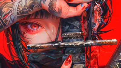 Cool Anime Girl Abstract Wallpaper 4K 3840x2160 A, Cool, Anime, Girl, With, Striking, Red, Eyes, Tattoos, Holding, Katana, Close, Gray, Pink, Ultrawide, 4K