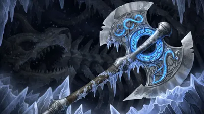 Detailed Fantasy Majestic Dragon Icy Fantasy Wallpaper 4K 5200x2924 A, Detailed, Fantasy, Scene, Featuring, Majestic, Dragon, Intricate, Icy, Double-headed, Axe, Prominently, Gray, Ultrawide, 4K