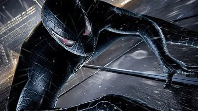 Black Suited Spider Black/Dark Wallpaper 4K 3838x2158 Black-suited, Spider-man, Mid-swing, Rain-slick, Ultrawide, QHD