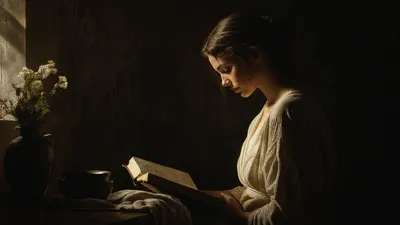Softly Lit Woman Abstract Wallpaper 4K 3840x2160 Softly, Lit, Woman, Reading, By, Warm, Light, Exuding, Peaceful, Energy, Ultra, Desktop, Gray, Ultrawide, 4K