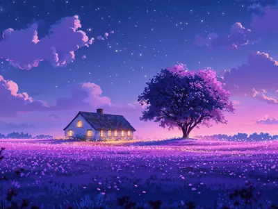 Radiant Tranquil Wallpaper Nature Wallpaper 4K 3840x2892 A, Tranquil, Anime, Landscape, Features, Cozy, House, Nestled, Vibrant, Purple, Field, Majestic, Brown, 4K