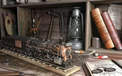 Detailed Still Life Vintage Abstract Wallpaper 4K 1920x1200 A, Detailed, Still, Life, Featuring, Vintage, Steam, Engine, Model, Surrounded, Tools, Lantern, Gray, Brown, Ultrawide, Full HD