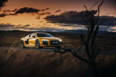 Yellow V10 Breathtaking Nature Wallpaper 4K 4096x2732 A, Striking, Yellow, Audi, R8, V10, Parked, Against, Breathtaking, Sunset, Backdrop, Showcasing, Brown, Purple, Orange, Landscape, 4K
