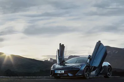 Mclaren 570gt Supercar Nature Wallpaper 4K 4096x2731 A, Mclaren, 570gt, Supercar, With, Its, Butterfly, Doors, Open, Set, Against, Mountainous, Gray, White, Landscape, 4K