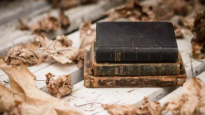 Epic Stack Wallpaper Abstract Wallpaper 4K 1920x1080 A, Stack, Of, Antique, Books, Rests, On, Weathered, Surface, Surrounded, Dried, Leaves, White, Ultrawide, Full HD