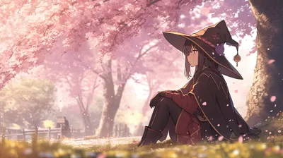 Moody Megumin Wallpaper Abstract Wallpaper 4K 8736x4896 Megumin, From, Konosuba, Sits, Under, Blooming, Cherry, Blossoms, Serene, Ultra, Anime, God, White, Pink, Ultrawide, 4K
