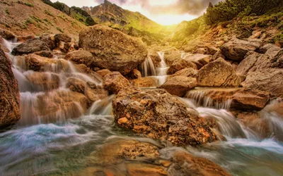 Moody Glen Wallpaper Nature Wallpaper 4K 2560x1600 Glen, Alpine, Falls, Cascading, Over, Rocky, Terrain, Sunset, Nature, Waterfall, Scene, Quad, Brown, Ultrawide, QHD